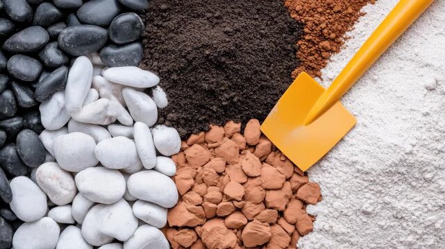 Different types of gravel, sand, and soil are shown together with a shovel placed near. This setup is useful for garden work