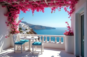 Fototapeta premium Terrace with chairs and table overlooks blue sea and white village. Pink bougainvillea flowers cascade over pergola. Sunny day on Greek island coast.