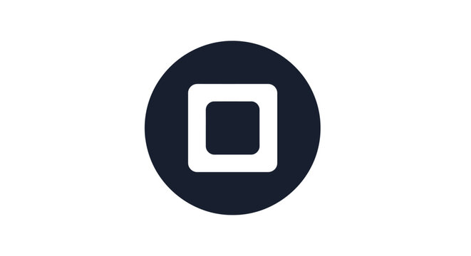 White Square Icon on Dark Blue Circle.