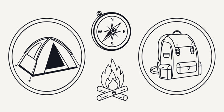Camping icons including tent, compass, campfire, and backpack for outdoor adventure and travel planning