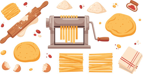 Italian pasta making process with pasta machine dough eggs rolling pin flour and fresh spaghetti cooking ingredients flat vector illustration