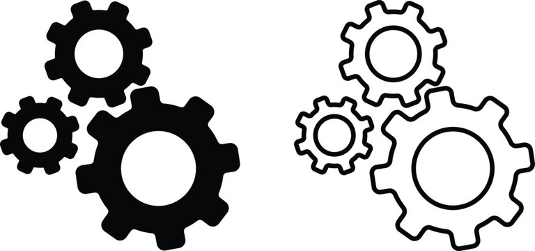 A black and white illustration featuring two sets of three interlocking gears, one solid and one outline, symbolizing mechanics, settings, and industrial processes.