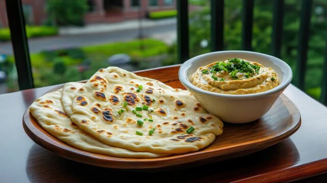 A platter holds soft bread next to a bowl of dip, with a view of greenery visible outside. People enjoy sharing food together