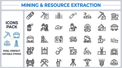 Mining and Resource Extraction Outline Vector Icon Set — Heavy Industry and Excavation Editable Stroke Icons for Web and App UI © Pixel_Forge