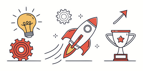 A colorful illustration of a rocket ship launching near a trophy and lightbulb with gear icons © AD