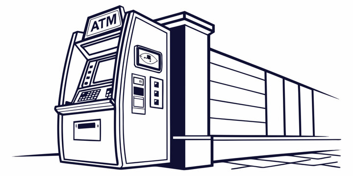An automated teller machine or atm on a sidewalk near a building exterior wall with a