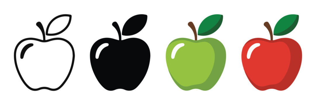 Apple fruit icon set. outline, black, green and red apple vector icon collection for website or app