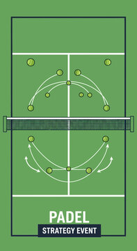 Illustrated Padle Court Design Showing Tactical Strategy With Ball Trajectory And Net Placement