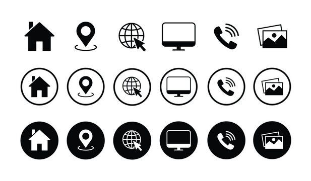 Universal contact and navigation icons: home, location pin, global web, computer, telephone, and images. Modern black and white silhouette symbols for corporate identity and web design.