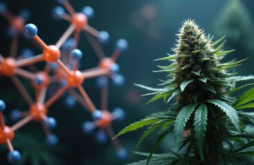 Cannabis plant bud closeup with abstract molecular structure visualization. Represents endocannabinoid system regulation and scientific research on marijuana compounds, wellness, and medical use.