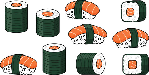 Salmon sushi and sushi roll vector set with Japanese food icons, traditional seafood nigiri and maki illustrations for restaurant menu, cuisine design, and food branding © MSTSULTANA