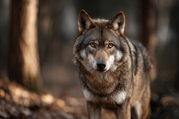 Obraz premium Mystery Portraits Intense Wolf Gaze in Serene Forest Setting Capturing Wild