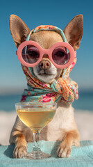 Chihuahua wearing a sun glasses and holding a martini.