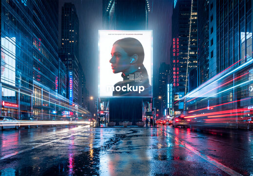 Reflected Billboard Mockup on Rainy Night City Street Urban Advertising