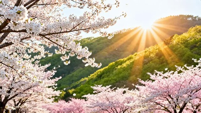 Cherry blossom trees in bloom with sun rays