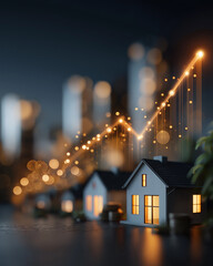 Fototapeta premium Real Estate Ascent: Tiny illuminated homes stand in a row beneath a rising graph, illustrating the soaring value of properties in the housing market, evoking a sense of economic growth.