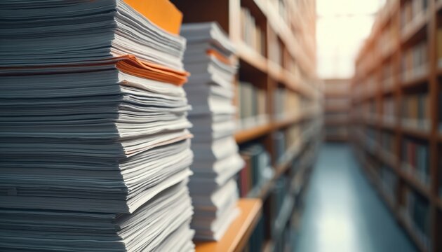 Stacks of paper documents in library shelves with blurred background. Research archives filled with books and folders. Information storage and knowledge base.