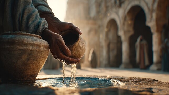 Ancient Hand Pouring Water from Clay Pot
