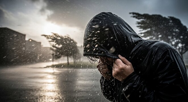 Person sheltering rain storm