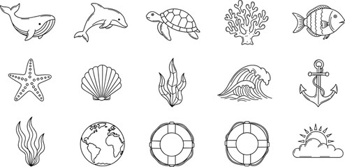 Collection of marine life and nautical elements in a simple line art style © Vitechek