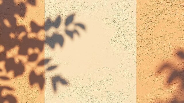 Sunlit urban wall with leaf shadows and textured orange-brown and beige sections, offering peaceful copy space from a frontal viewpoint