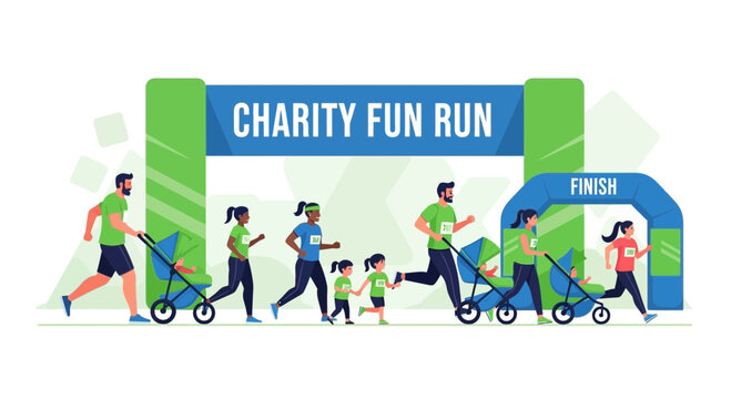 Illustration Of A Charity Fun Run Event With Diverse Participants And Families