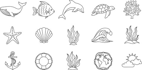 Collection of marine life and nautical icons in a simple line art style © Vitechek