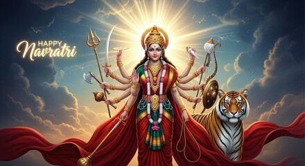 Fototapeta na wymiar Goddess Durga Navratri Festival Illustration with Lotus Flowers and Golden Sunset Background