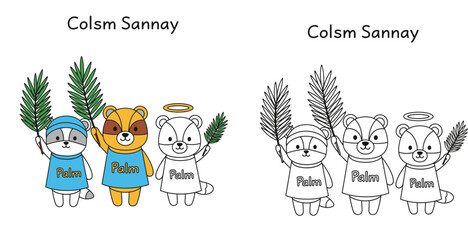 Fototapeta premium Adorable Cartoon Animals Celebrating Palm Sunday with Palm Fronds