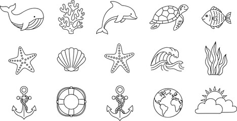 Collection of simple line art icons representing marine life and nautical elements © Vitechek