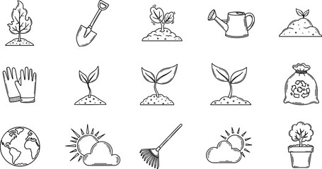 Collection of hand-drawn icons representing gardening and environmental care concepts © Vitechek