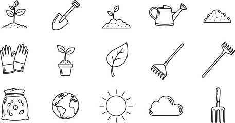 Gardening icons collection featuring tools and elements for planting © Vitechek