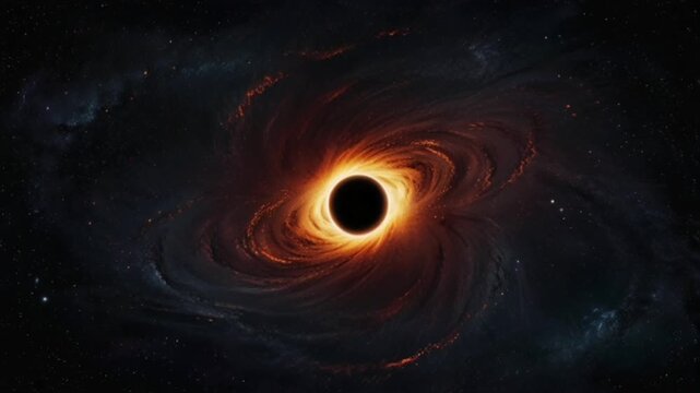This space phenomenon shows extreme gravity pulling matter and light toward the dark center, creating a red-orange vortex of energy that contrasts with the galaxy's dark, star-filled background.