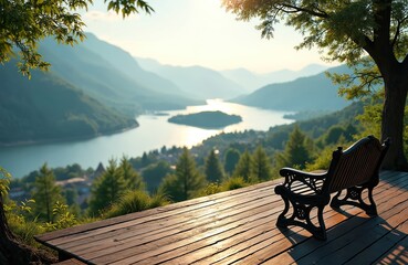 Fototapeta premium Wooden deck with ornate bench overlooks vast lake and rolling green mountains. Sun shines brightly through leafy trees, casting long shadows on the deck boards. Peaceful natural scenery.