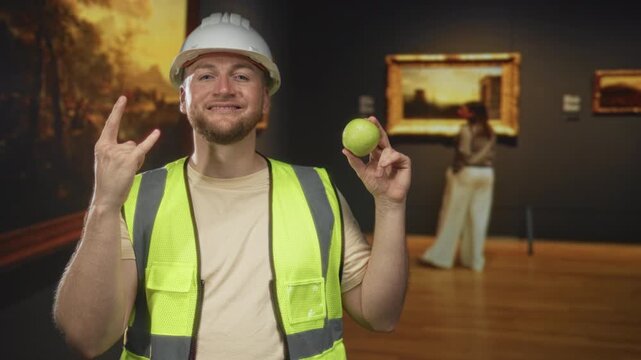 Man engineer in hardhat and high visibility vest holding green apple and making rock horns in building; playful mischief.