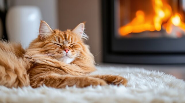 Orange Persian cat relaxing in front of a warm fireplace