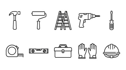 Fototapeta premium A collection of simple outline icons representing various construction tools and safety equipment, perfect for illustrating DIY projects, home renovation, or professional trades.