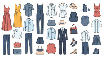 Fototapeta premium Extensive collection of diverse men's and women's clothing and accessories, including dresses, shirts, pants, bags, and shoes, for fashion.