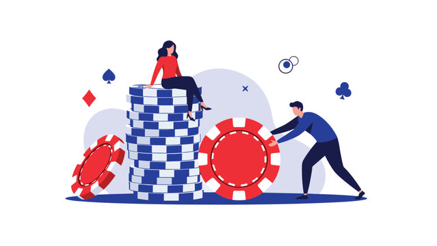 People interacting with large casino chips, with a woman sitting on a stack and a man pushing a chip, symbolizing gambling or finance.