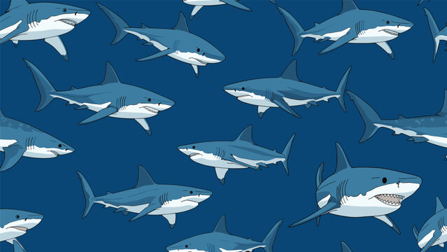 Dynamic seamless pattern featuring multiple great white sharks swimming in deep blue water, creating an intriguing and slightly ominous aquatic design.