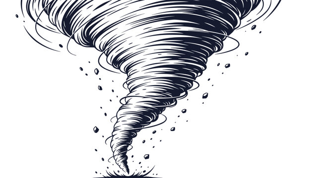 Intense hand-drawn illustration of a powerful vortex or tornado, depicted with swirling lines and scattered debris, conveying raw natural force.