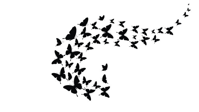 Dynamic swarm of black butterfly silhouettes in various sizes, gracefully flying in a flowing, wave-like pattern across a white background.