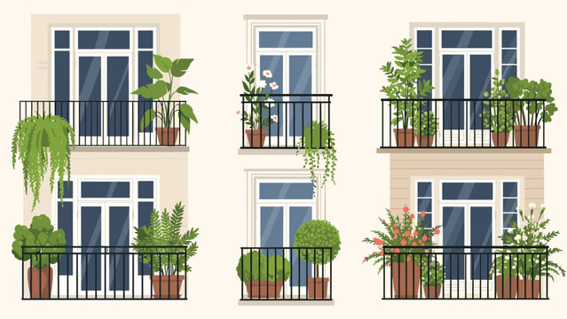 Beautiful set of six apartment balconies adorned with an assortment of vibrant potted plants, lush greenery, and colorful flowers, enhancing urban living spaces.