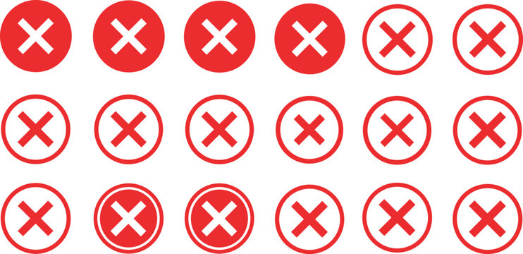 Red cross mark icon set in circle buttons, cancel close delete wrong symbol collection for error notification and user interface design