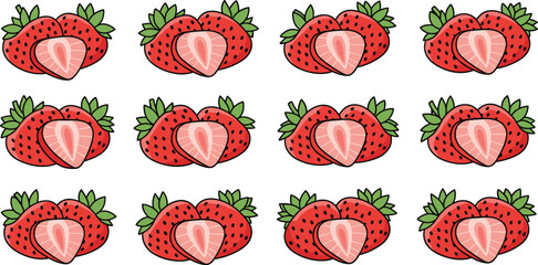 Fresh strawberry fruit vector illustration set with whole and half strawberries, colorful sweet berry collection for healthy food design isolated © MSTSULTANA