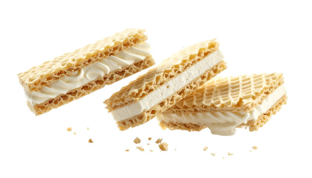 Three rectangular cream-filled wafer cookies, textured, isolated on black, with crumb details