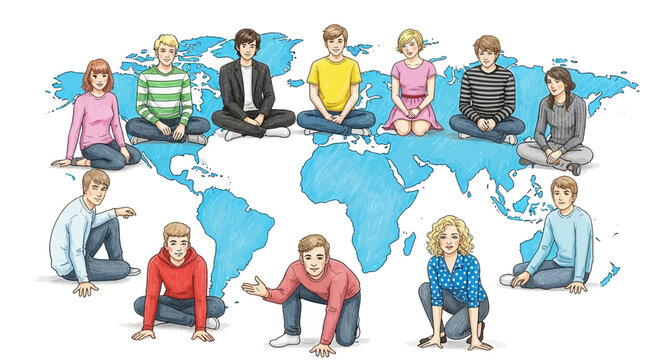 Illustration of diverse people sitting on a world map