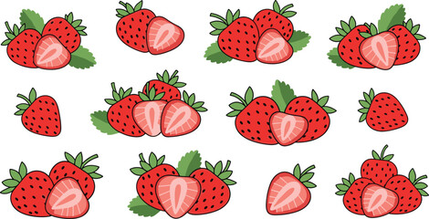 Fresh strawberry fruit vector illustration set with whole and sliced strawberries and leaves, sweet berry collection for healthy food and dessert design © MSTSULTANA
