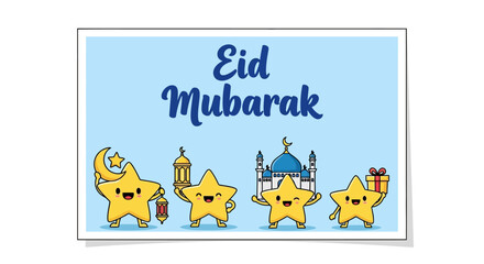 Fototapeta premium Eid Mubarak star characters smiling faces.