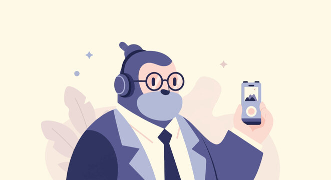 A stylized primate wearing headphones and glasses takes a photo